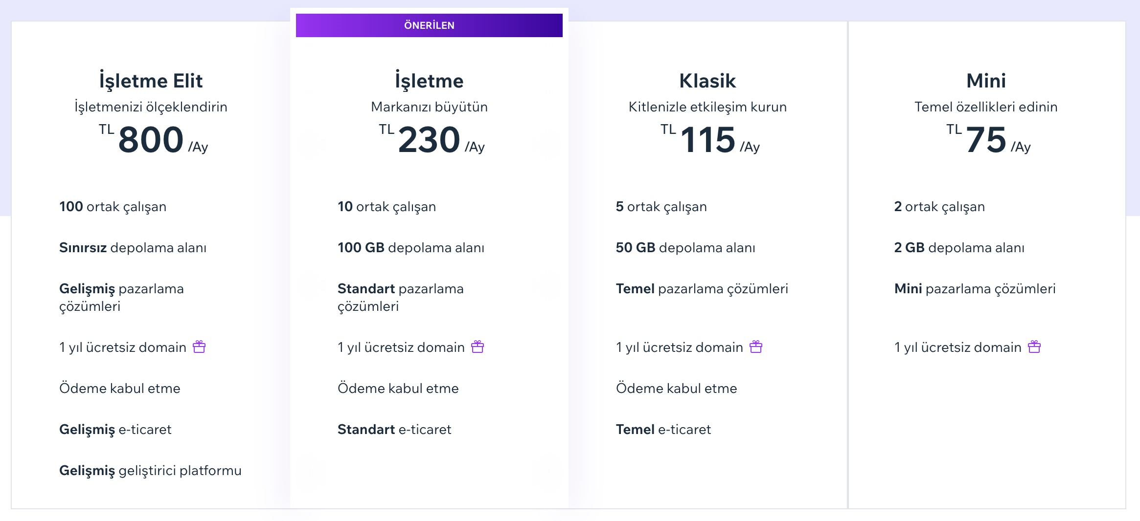 Wix paket fiyatları ekran görüntüsü