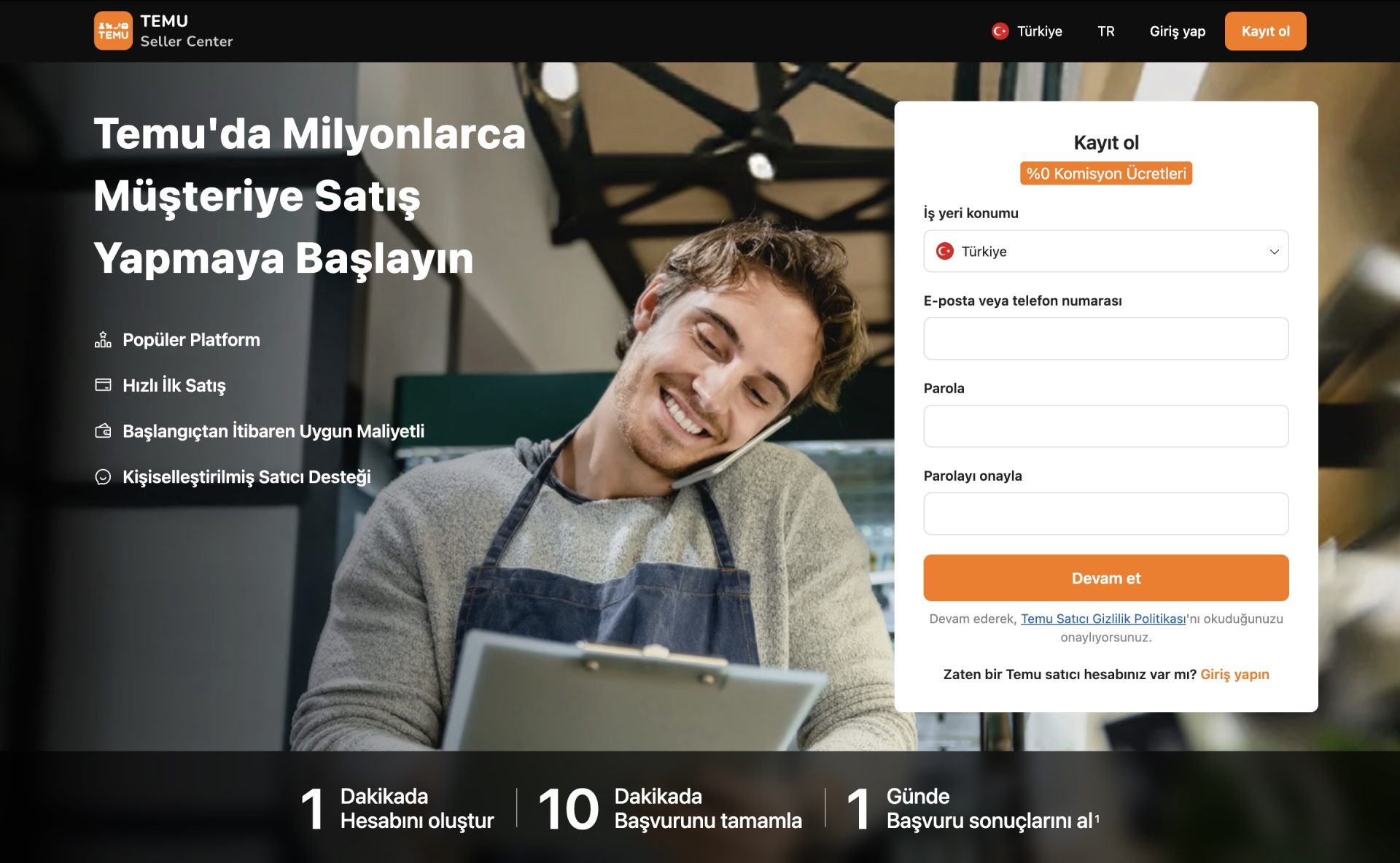 Temu'da satış için Temu Seller Center satıcı kayıt formu