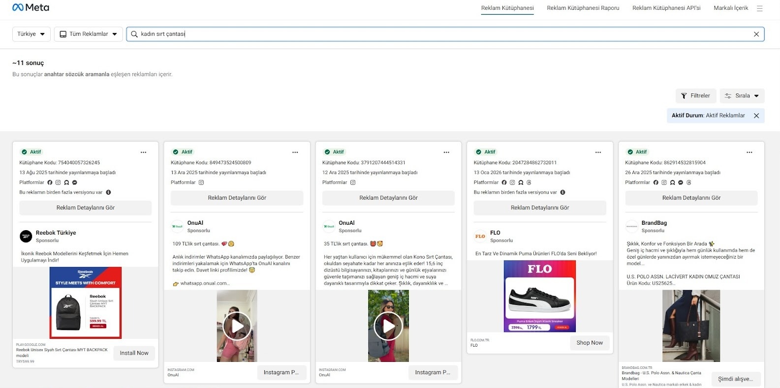 meta reklam kütüphanesinde anahtar sözcük ile arama sonuç listesi ekran görüntüsü